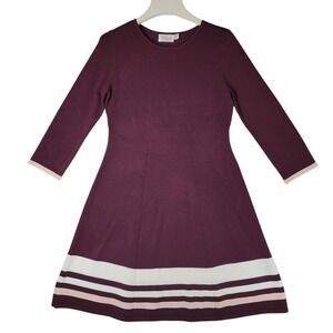 Eliza J‎ Sweater Dress sz M Women Burgundy Pink Stripe Fit Flare Knit A Line